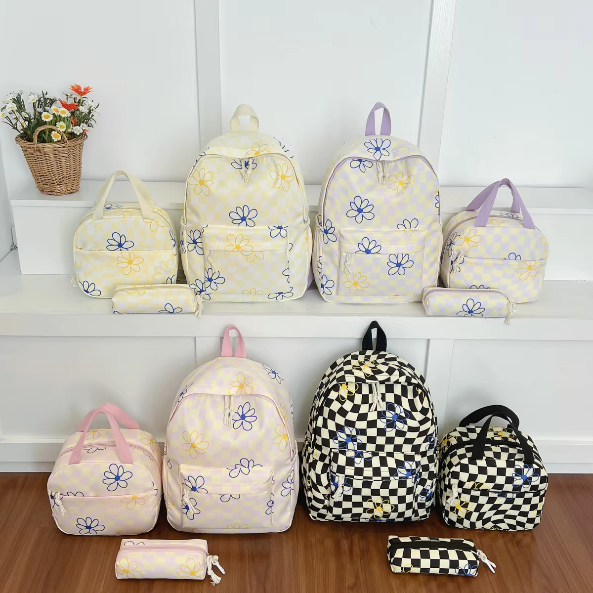 Sac à dos léger à imprimé floral et à carreaux style Sweet Girl