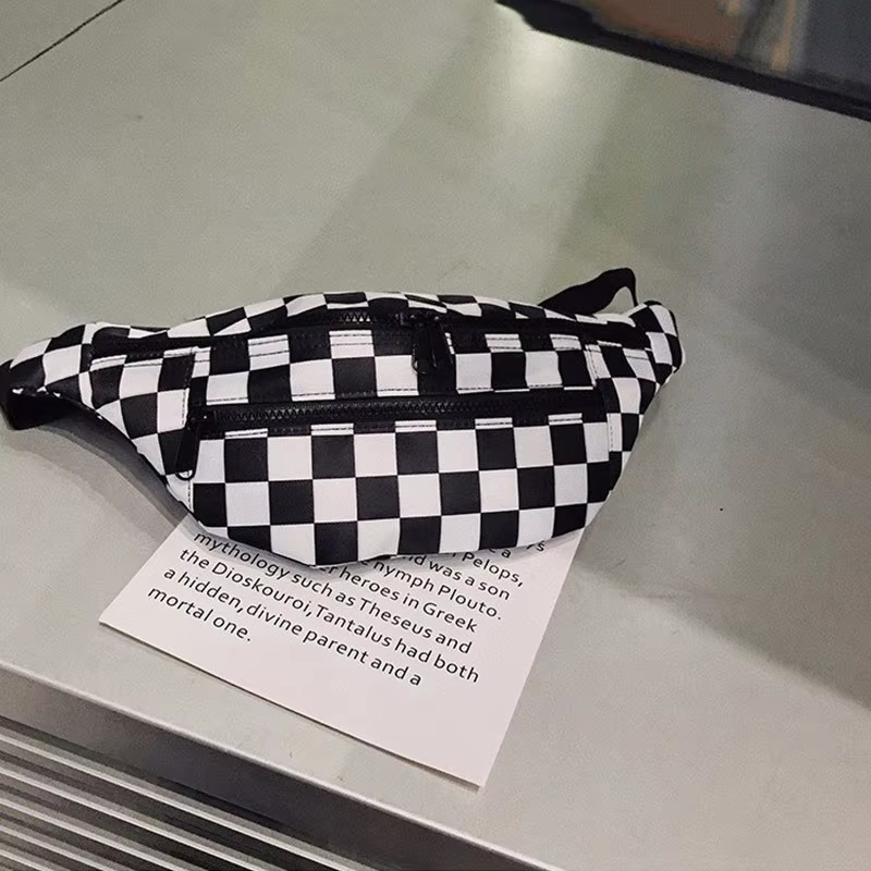Nouveau sac de taille à la mode à carreaux noir et blanc avec doubles fermetures éclair et sac à bandoulière en toile