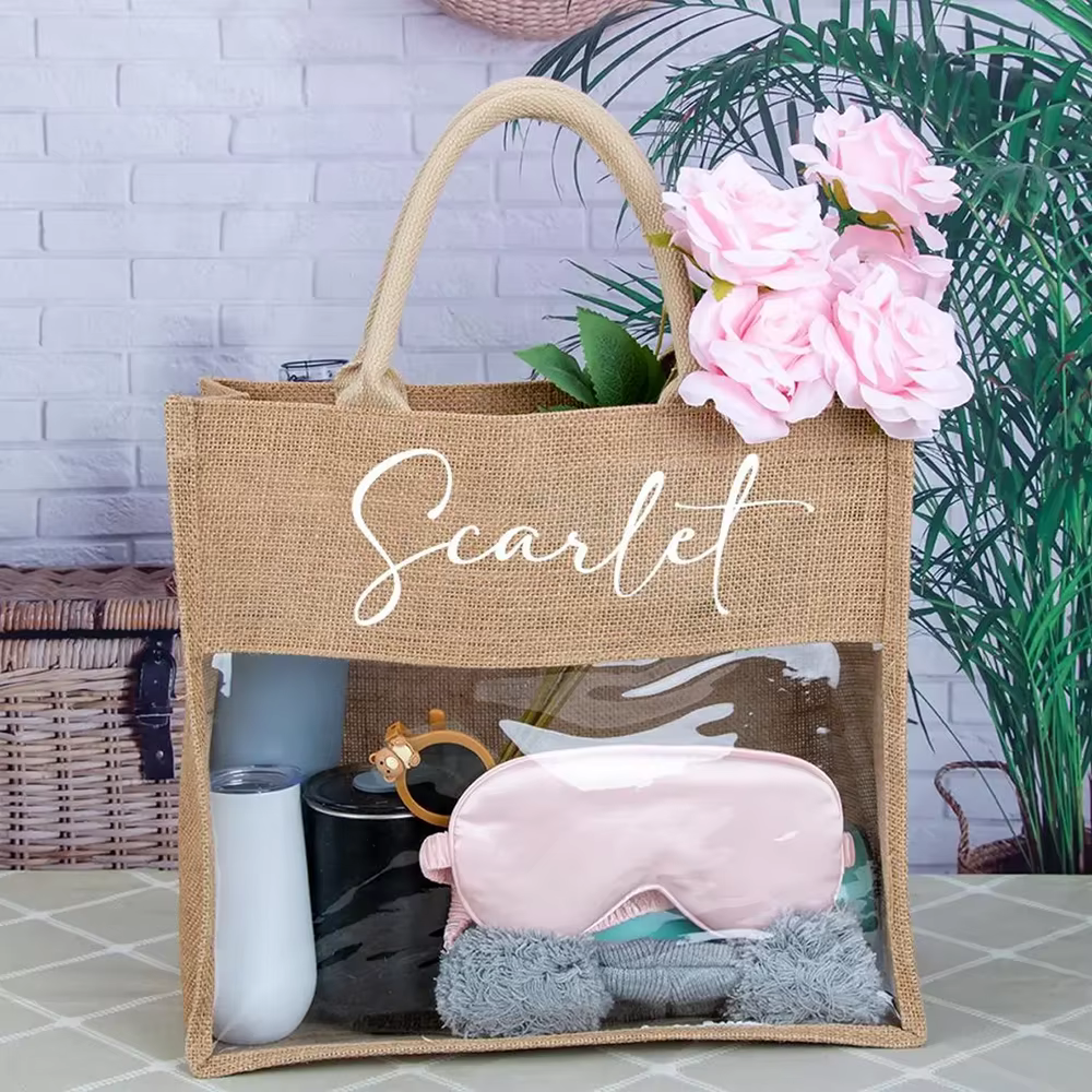 Sac fourre-tout en toile de jute de plage avec nom personnalisé