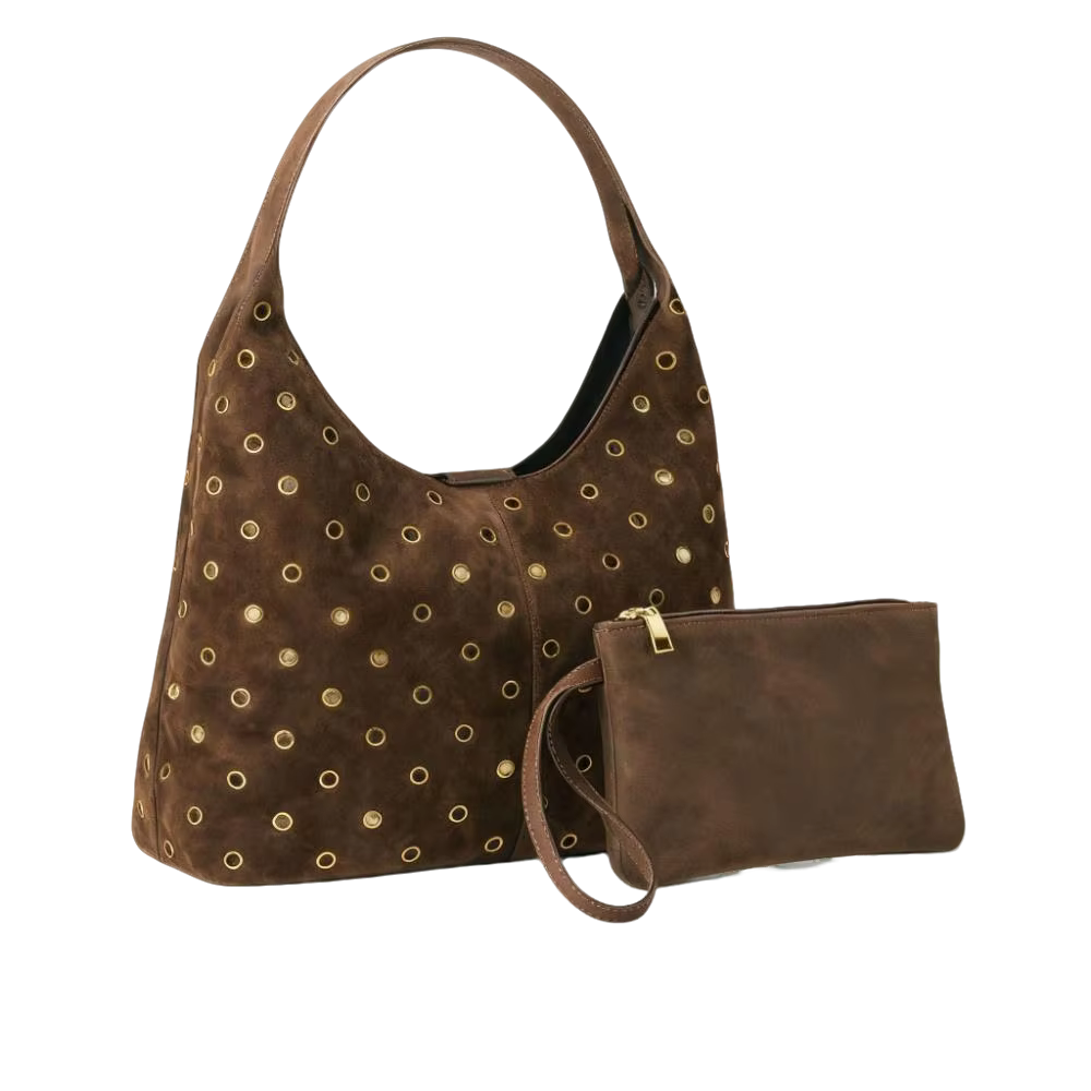 Sac fourre-tout clouté en daim et métal avec portefeuille assorti