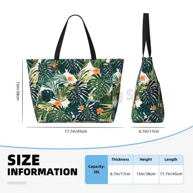 Sac de plage à feuilles et fleurs vertes tropicales pour femmes