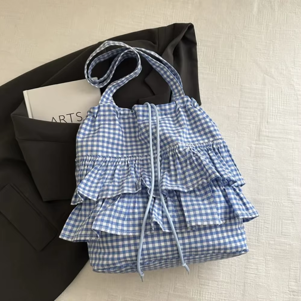 Grande capacité mignon Plaid coton sac fourre-tout dentelle garniture femmes été 2025 Simple dame sac à main doux sacs à bandoulière Bolsa Feminina