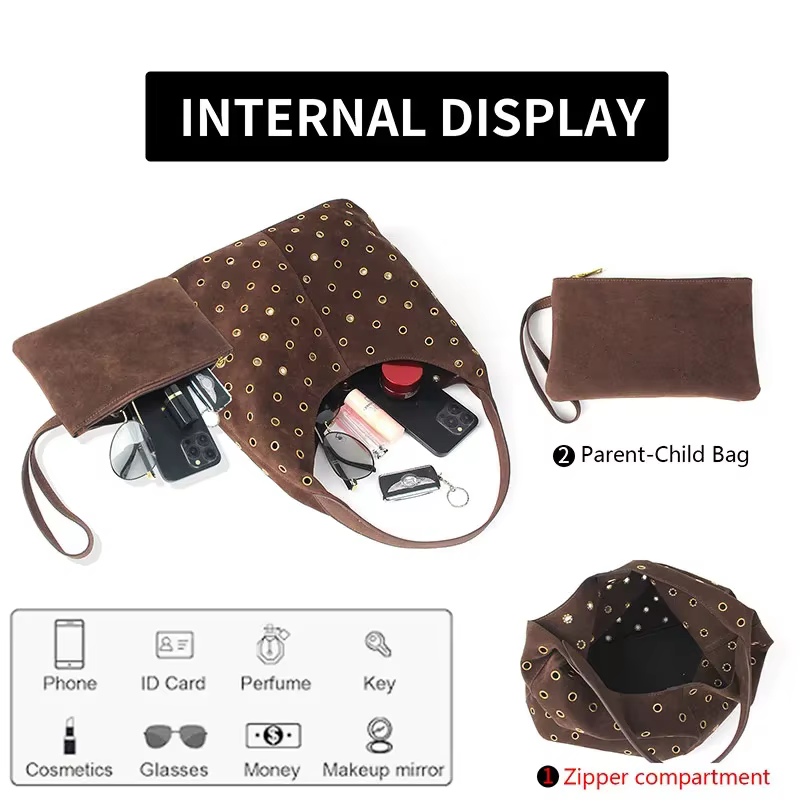 Sac fourre-tout clouté en daim et métal avec portefeuille assorti