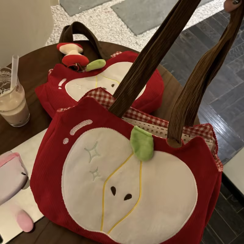 Sac à main pomme rouge créatif et mignon en velours côtelé