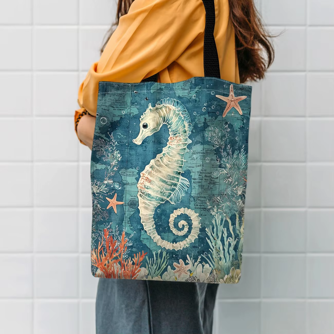 Sac fourre-tout rétro pour scène sous-marine hippocampe
