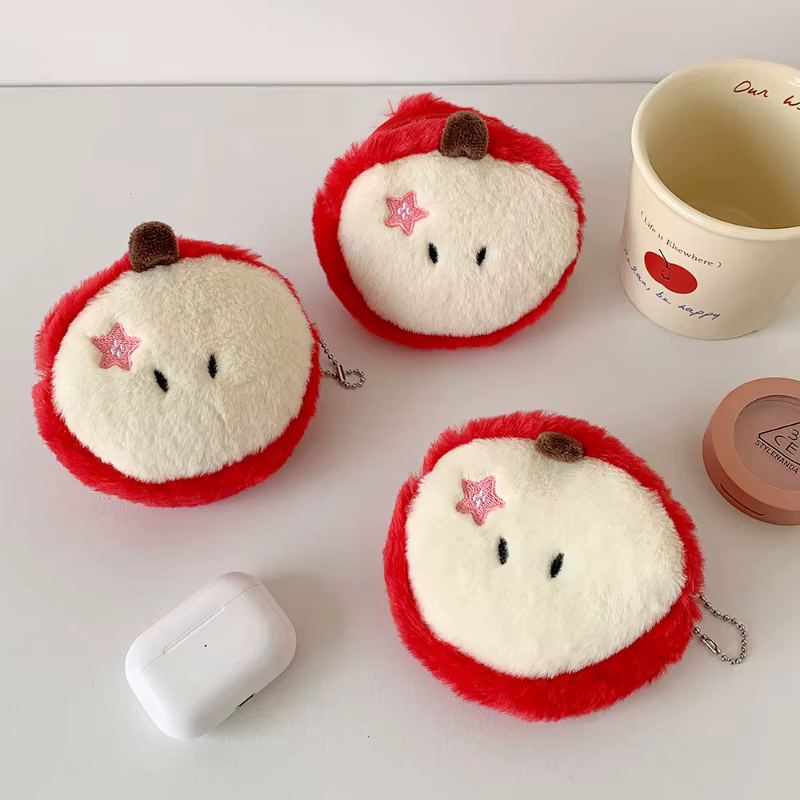 Porte-monnaie en peluche pomme mignon, Mini pochette Kawaii pour filles, porte-clés, portefeuille pour étudiant, organisateur de câbles d'écouteurs, poche douce et floue, cadeau