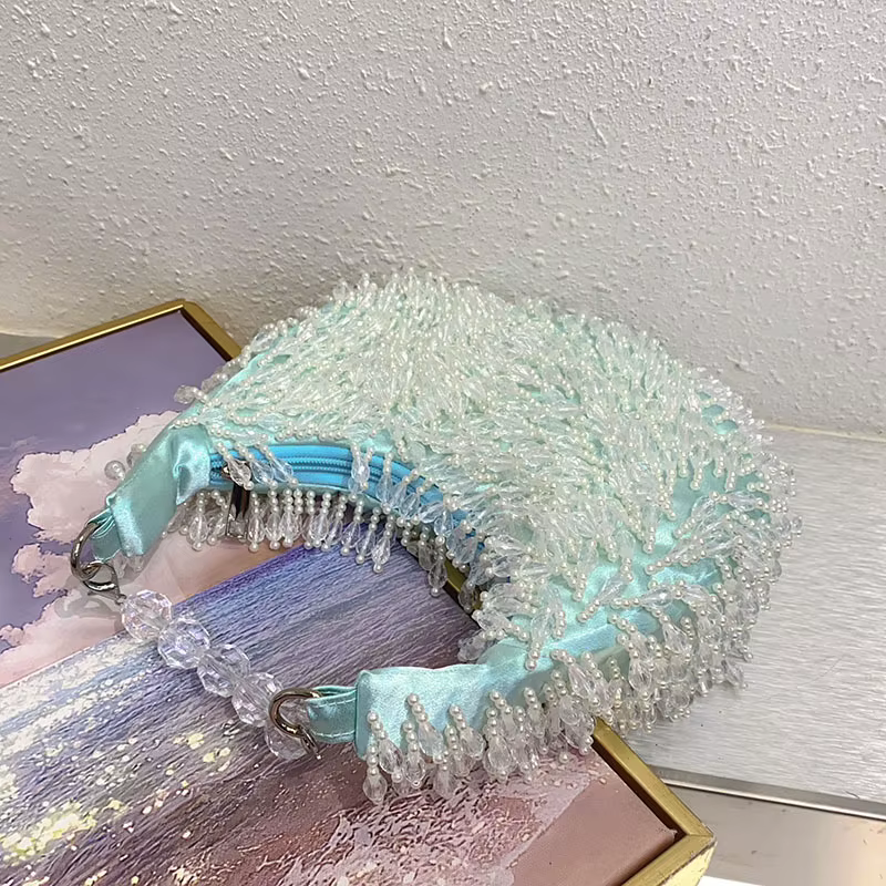 Été frais doux bleu clair à la main perlé frange Design élégant dame dîner sac Chic robe de soirée sac