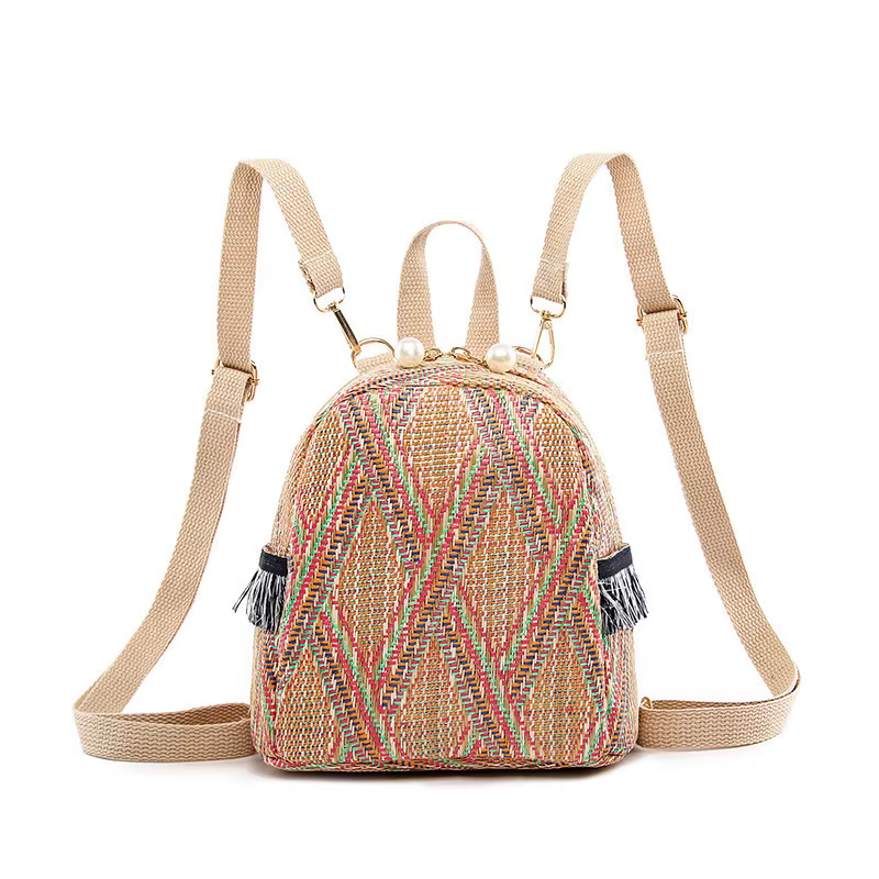 Mini sac à dos en paille tressée respirant pour femme
