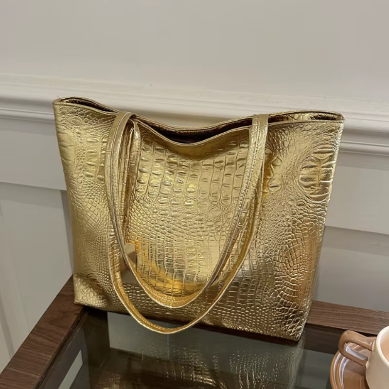 Mode décontracté femmes sacs à bandoulière argent or noir Crocodile Sac à main en cuir PU femme grand Sac fourre-tout