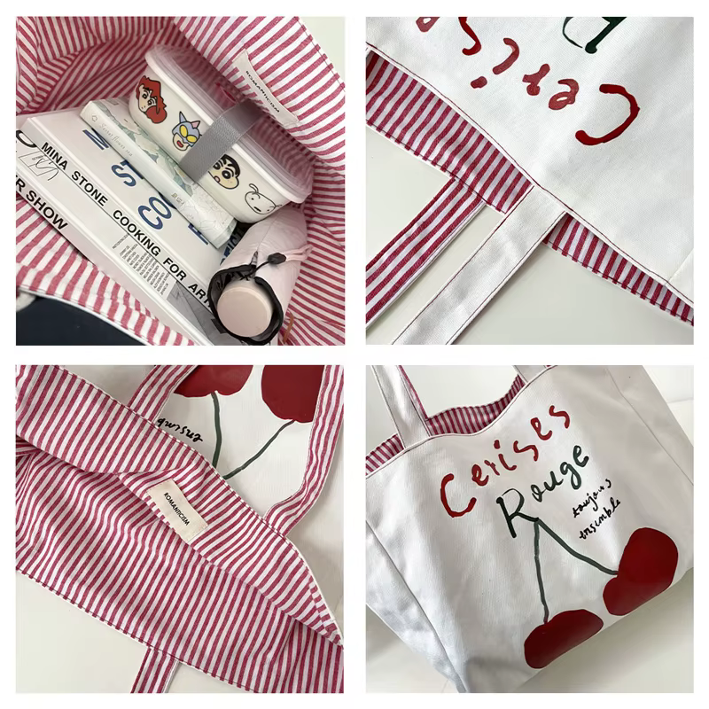 Sac à bandoulière en toile pour femmes, Design réversible, sac à main en tissu de coton, sac à main à rayures rouges cerise, grand fourre-tout, sacs de Shopping écologiques