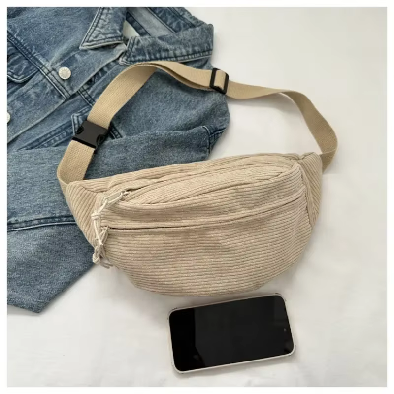 Sac banane femme en velours côtelé et toile