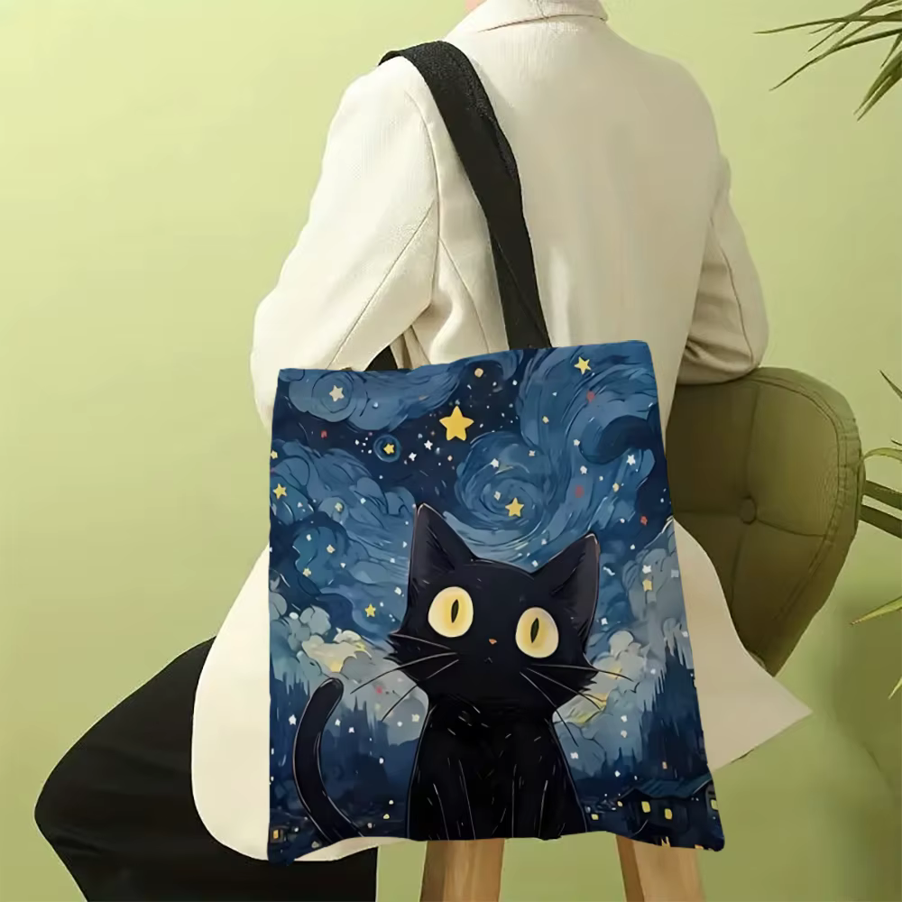 30x35 cm Van Gogh chat noir sac fourre-tout fleur Portable décontracté Eco sac à main sac à provisions Design livres et