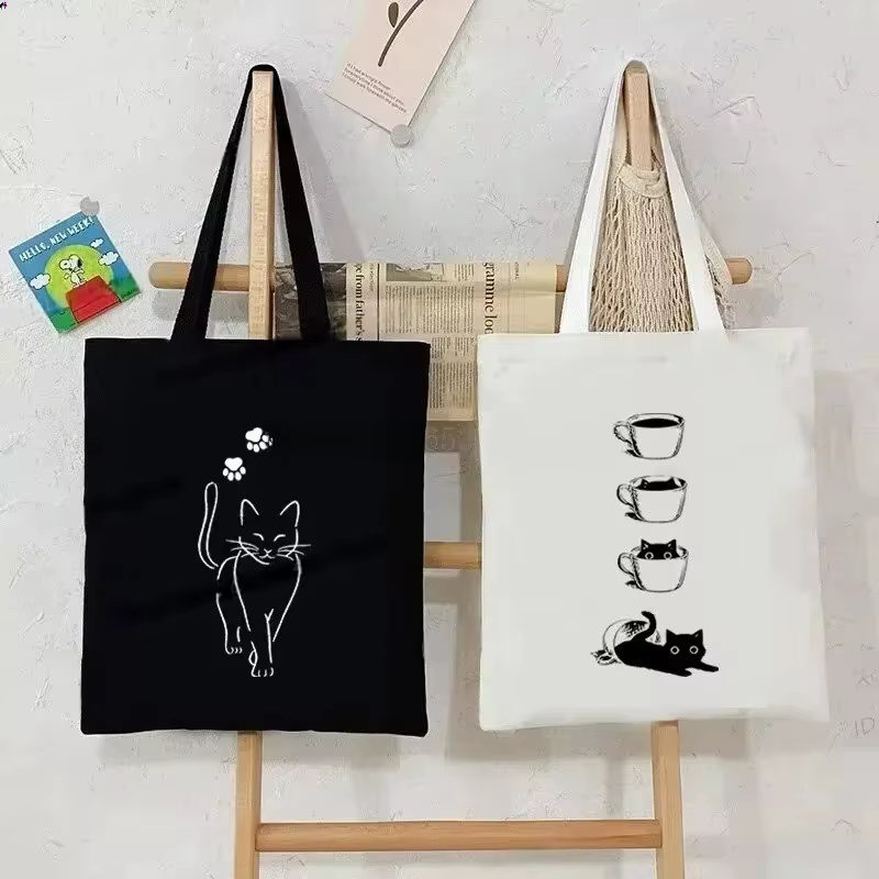Sac fourre-tout en toile imprimé chat noir et blanc