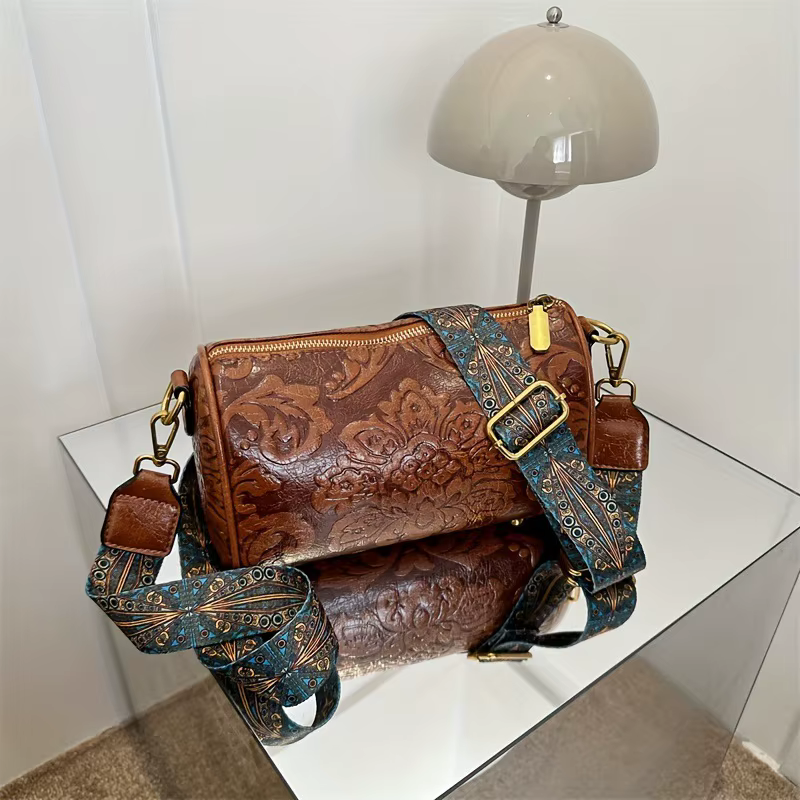 Retro Embossed Flower Leather Shoulder Bag