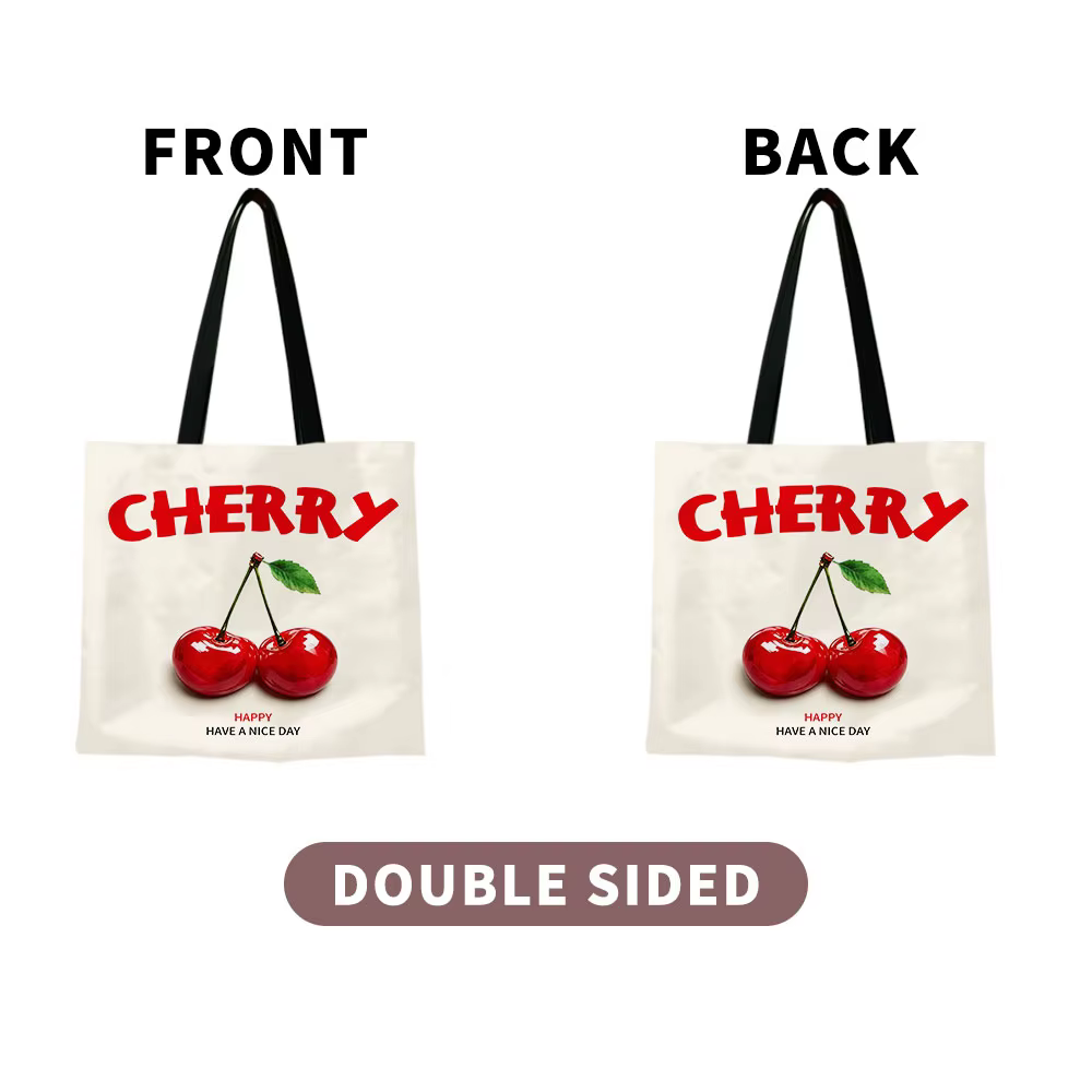 Sac fourre-tout en toile à imprimé cerises – Base crème minimaliste avec inscription « CHERRY » rouge vif et graphique