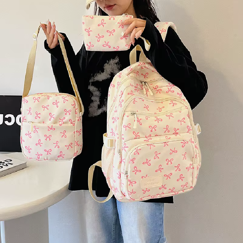 3 pièces/ensemble mignon fille grande capacité sac à dos nœud imprimé Nylon cartable sangle réglable femmes quotidien Campus sac à dos