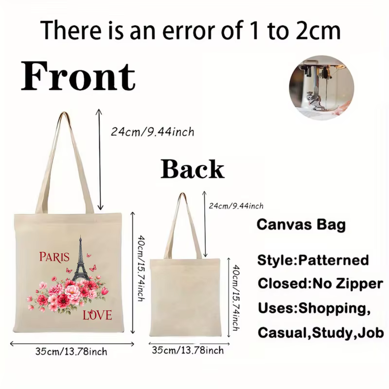Sac fourre-tout en toile crème Paris Tour Eiffel imprimé amour floral