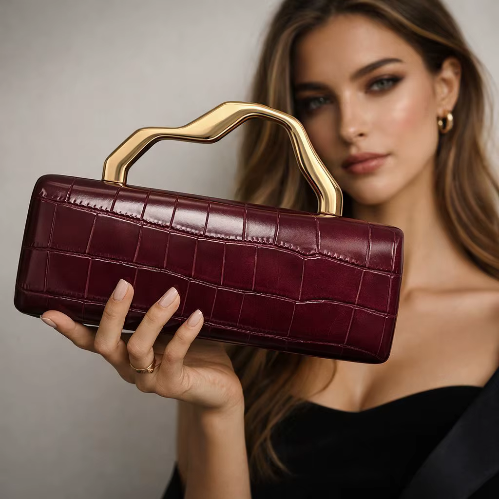Pochette de soirée de luxe en PU à motif crocodile bordeaux avec poignée dorée pour femmes Sac à main de fête élégant