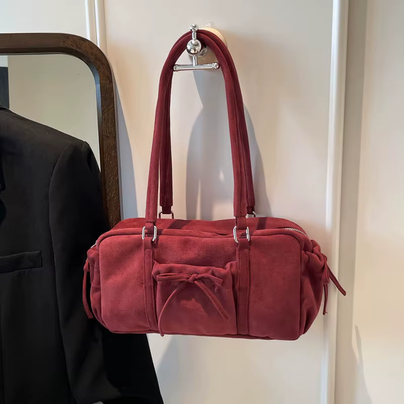 Faux daim couleur unie couture sacs à bandoulière nœud grande capacité déplacements