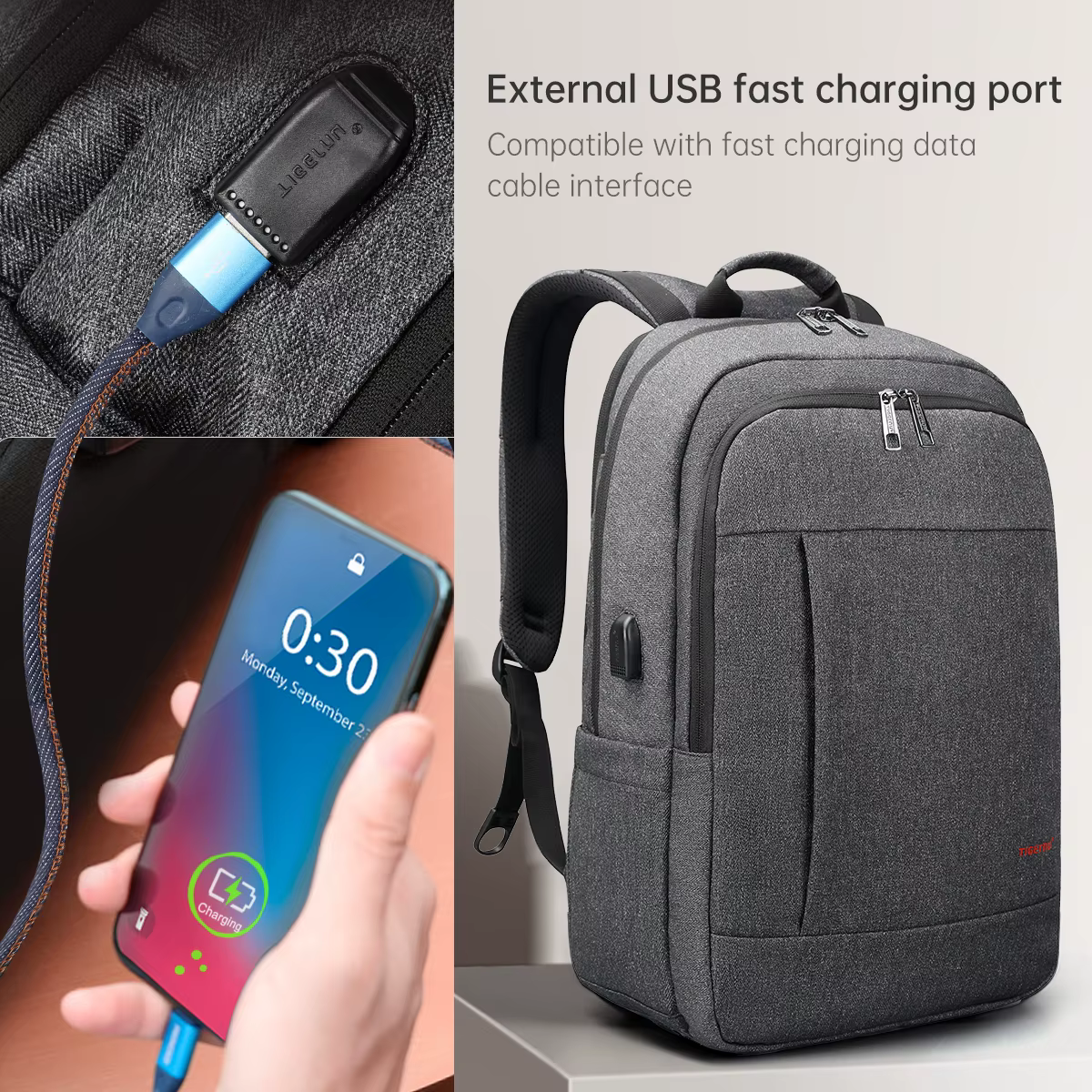 Tigernu-Sac à dos antivol avec chargement USB pour femme