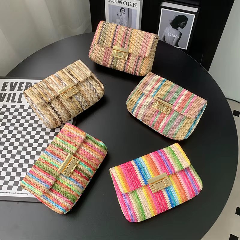 Sac à main en paille rayé multicolore pour femmes