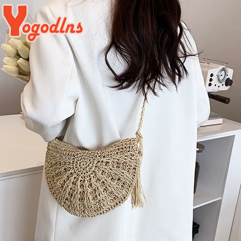 Yogodlns nouveaux sacs de paille demi-ronds pour les femmes été plage sac en rotin tissé à la main demi-lune