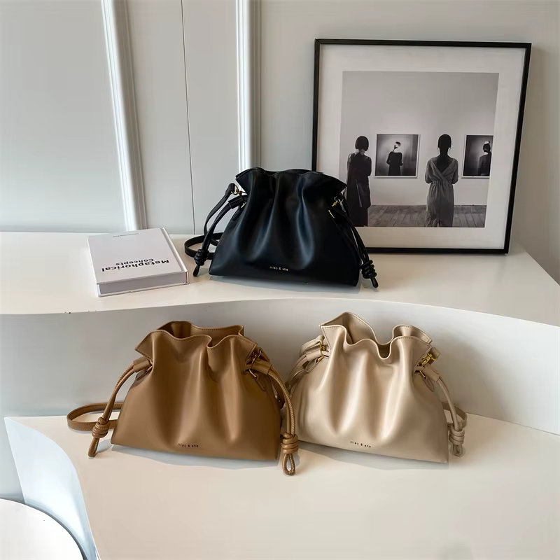 Sac seau plissé en cuir PU pour femmes