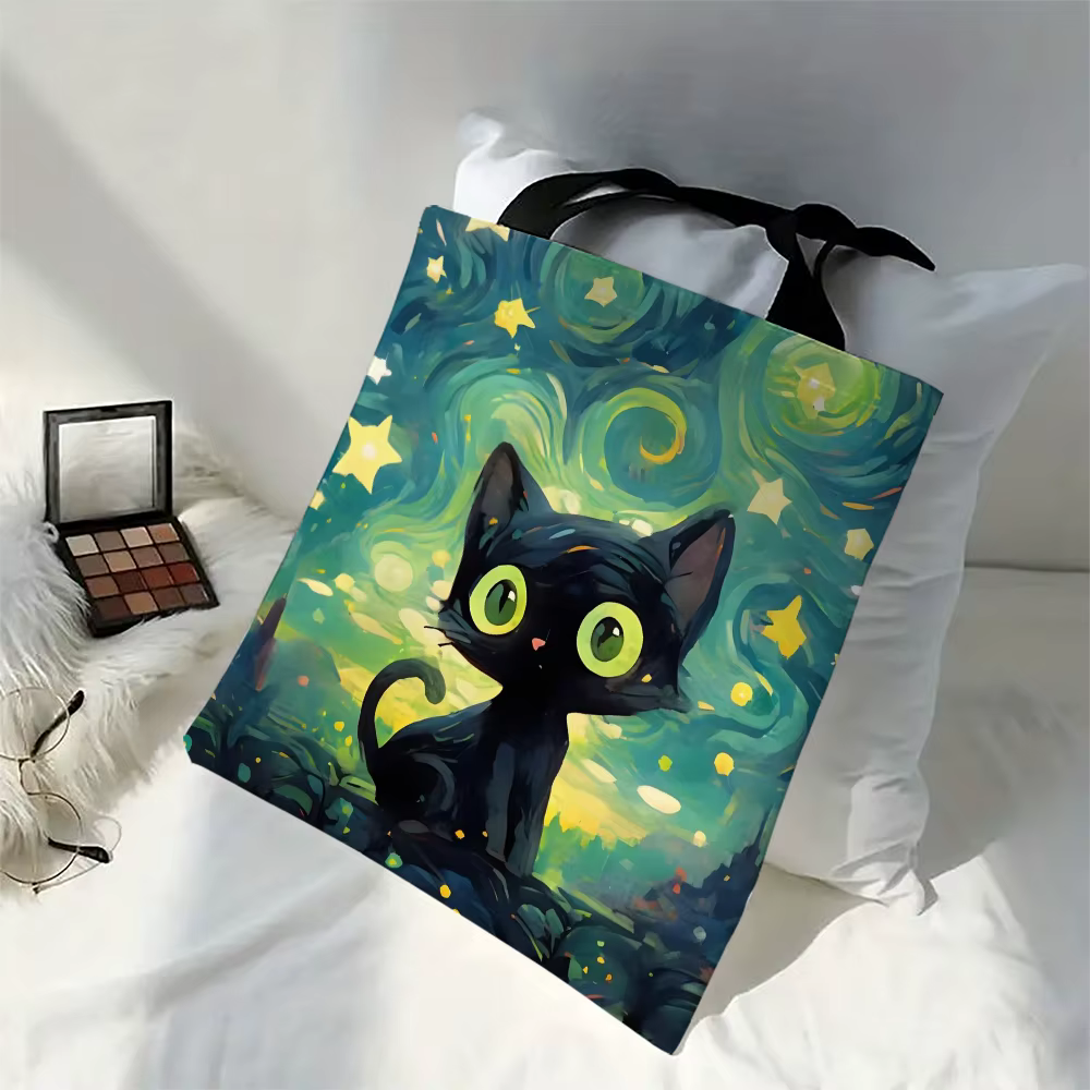 30x35 cm Van Gogh chat noir sac fourre-tout fleur Portable décontracté Eco sac à main sac à provisions Design livres et