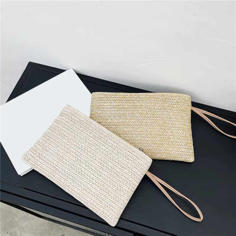 Pochette pour femmes sac à dos fait à la main mode dames bracelet fille téléphone solide paille tissé porte-monnaie plage portefeuille frais doux