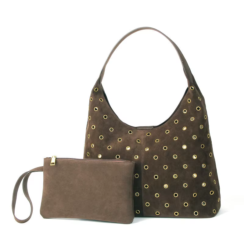 Sac fourre-tout clouté en daim et métal avec portefeuille assorti