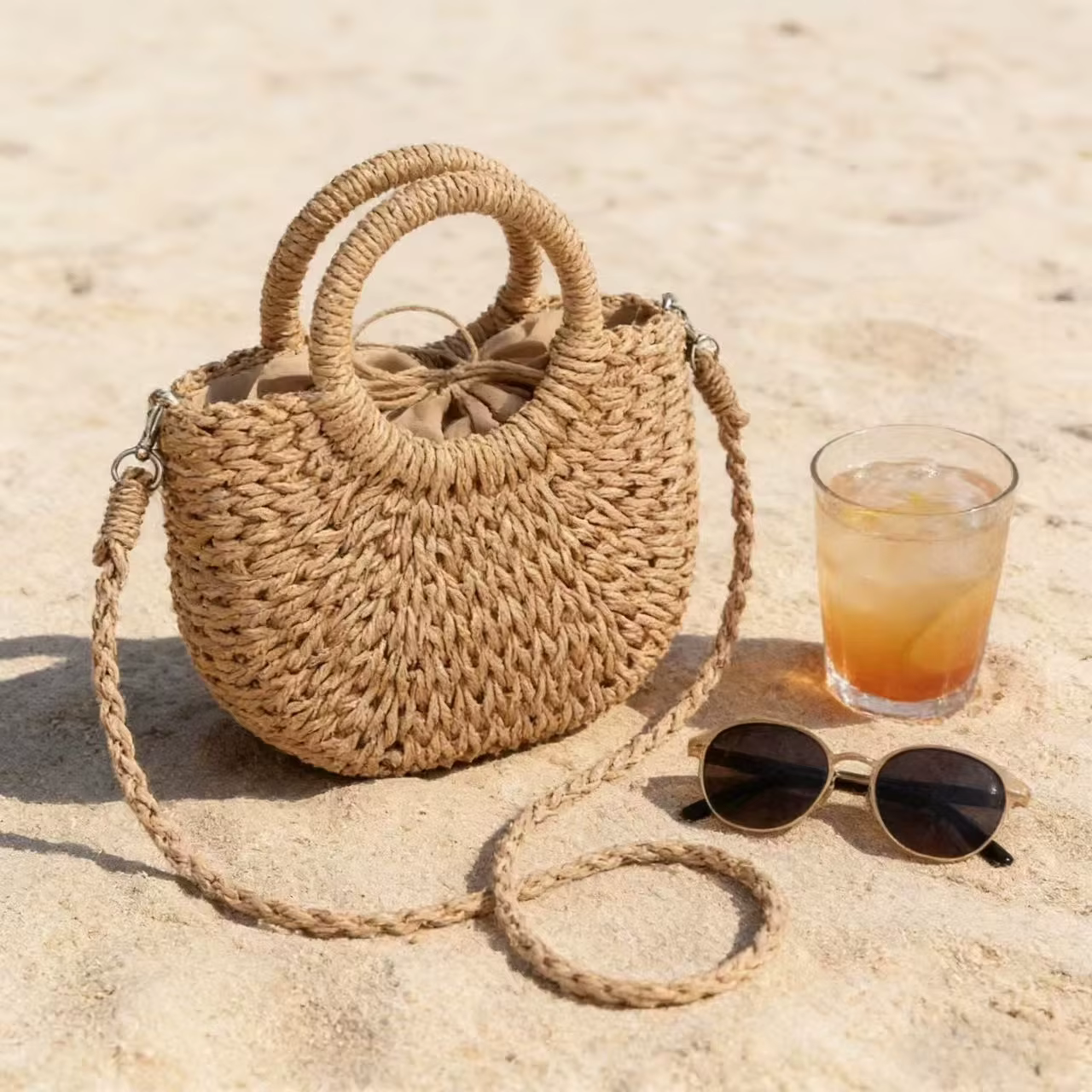 NOUVEAU Sac de plage demi-lune en paille tressée à la main pour femme
