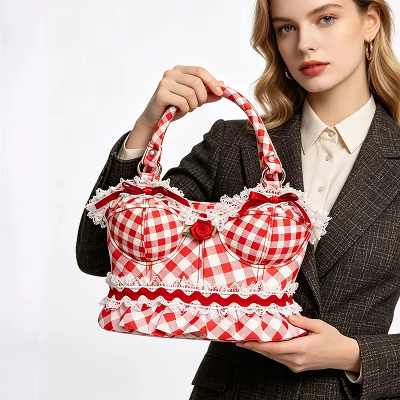 Sac à main vintage en cuir PU à carreaux avec dentelle florale et motif rose