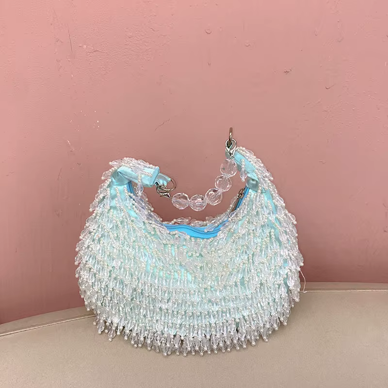 Été frais doux bleu clair à la main perlé frange Design élégant dame dîner sac Chic robe de soirée sac