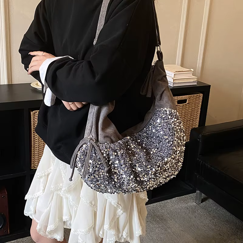 Sac à bandoulière à paillettes argentées pour femmes