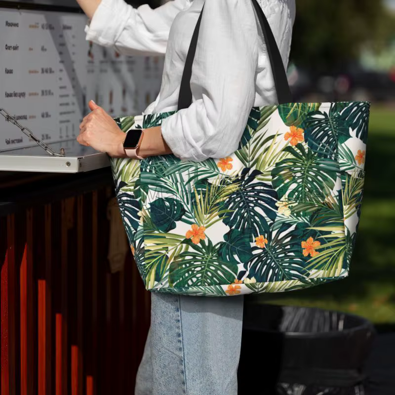 Sac de plage à feuilles et fleurs vertes tropicales pour femmes