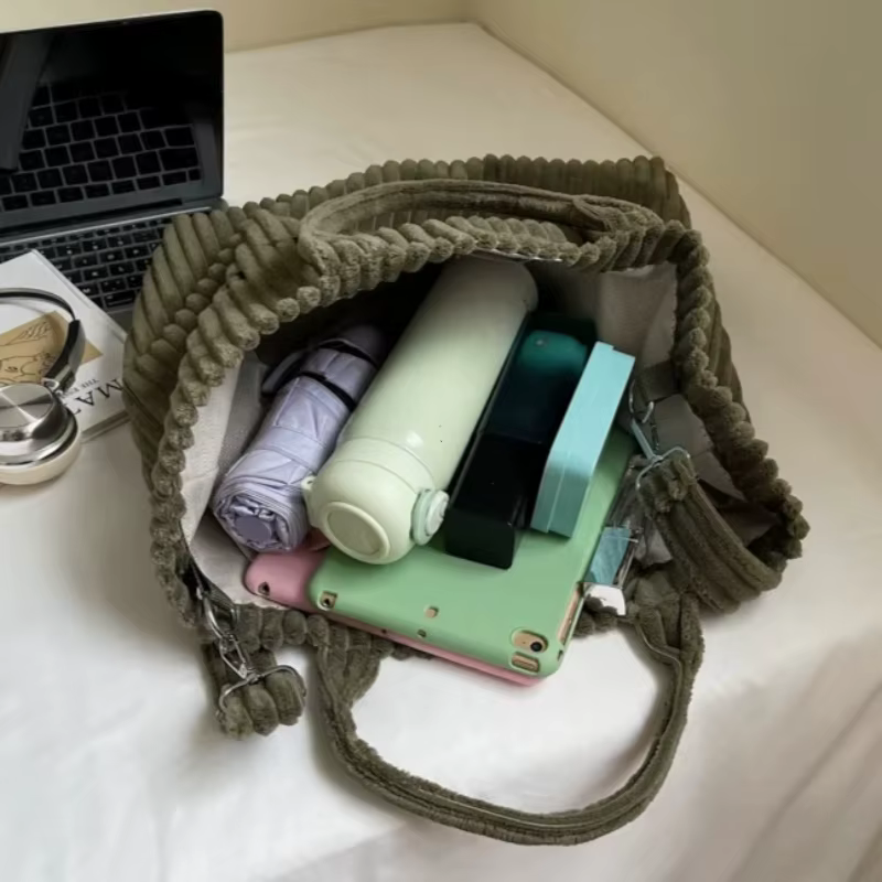 Sac à main en velours rayé de grande capacité, sac à bandoulière pour femmes, sacs à main, sacs à bandoulière, fourre-tout polyvalent en velours côtelé avec lettres