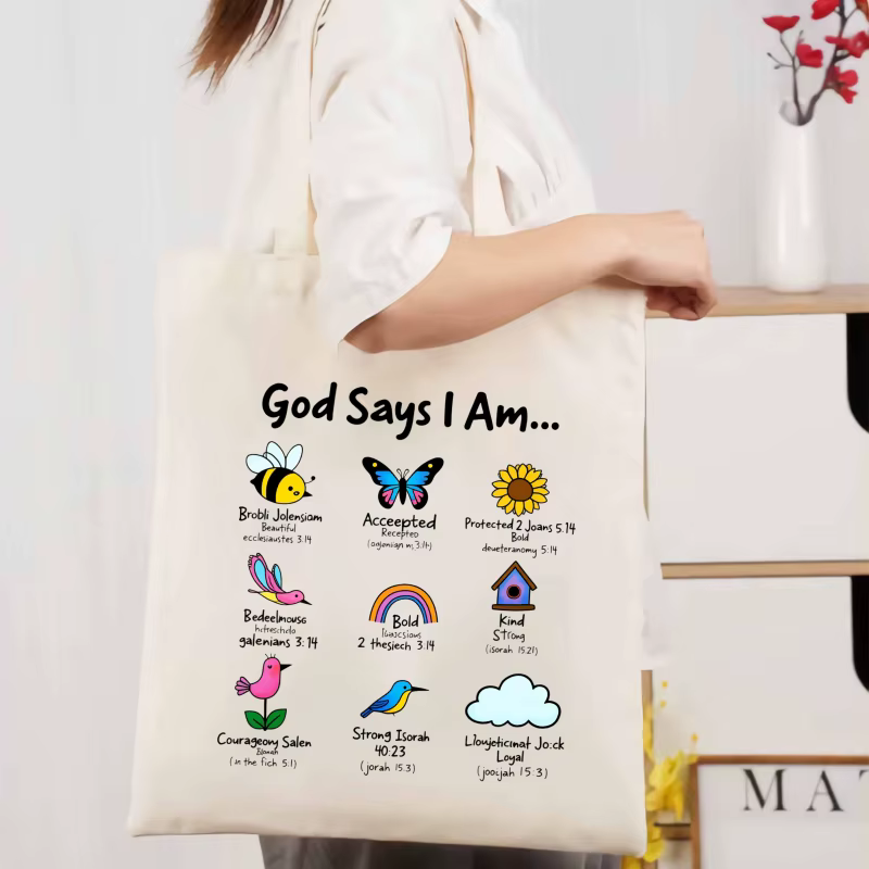 Sac fourre-tout en toile blanche avec versets bibliques inspirants et éléments naturels et texte colorés