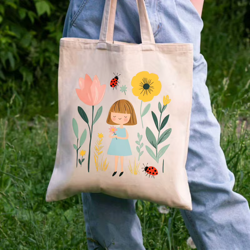 Sac fourre-tout en toile crème avec imprimés fille