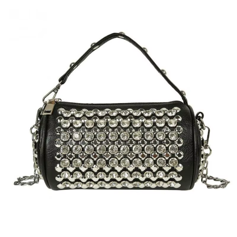 Sac à main cylindrique léger de luxe et de mode avec rivets en métal cloutés en diamant