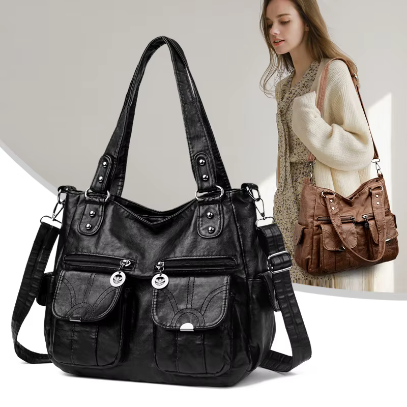 Sac fourre-tout à bandoulière en cuir lavé grande capacité pour femme