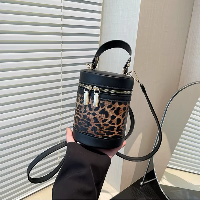 Nouveau style coréen sac seau en lin tendance pour femmes sac de maquillage imprimé léopard sac à bandoulière mode sac