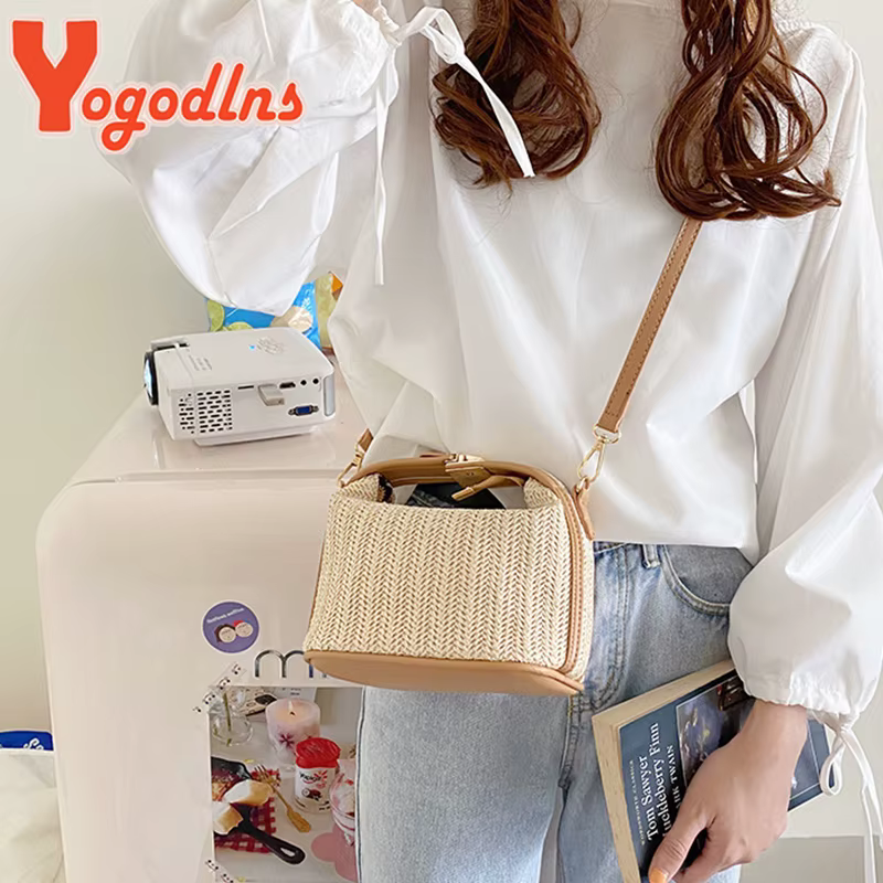 Yogodlns été petit sac à main en paille sac à bandoulière tendance tissé seau sac