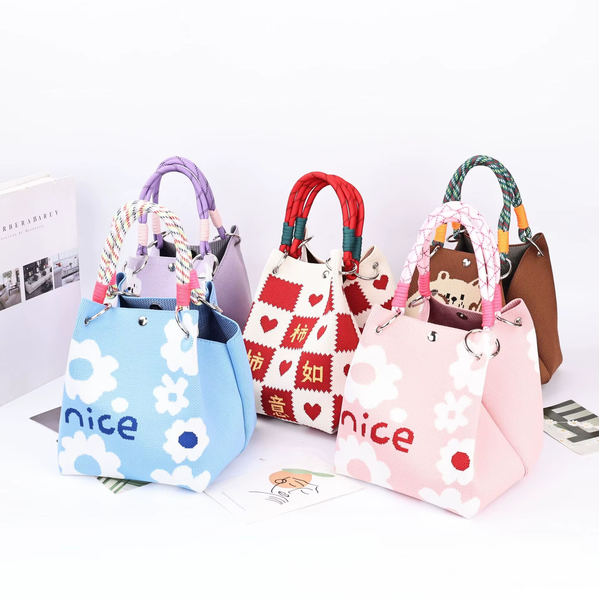 Style coréen tricoté corde noeud sac à main décontracté polyvalent petit sac en tissu sac de rangement femmes sac Macaron couleur broderie florale