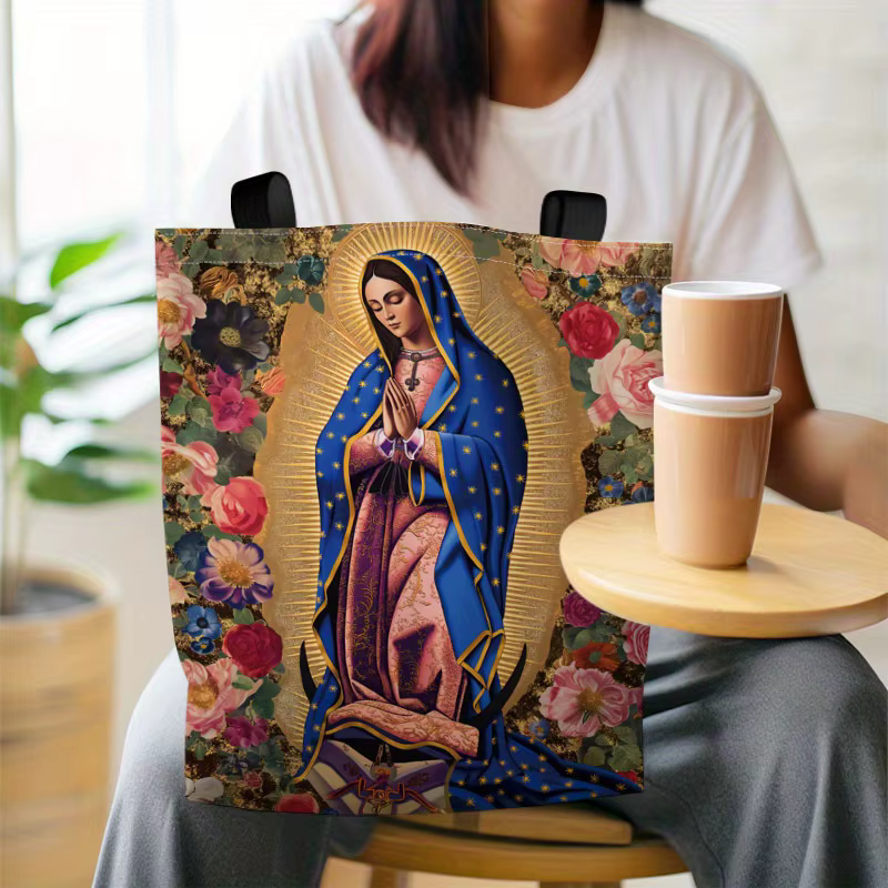 Sac fourre-tout en polyester réutilisable avec motif floral et doré de la Vierge Marie