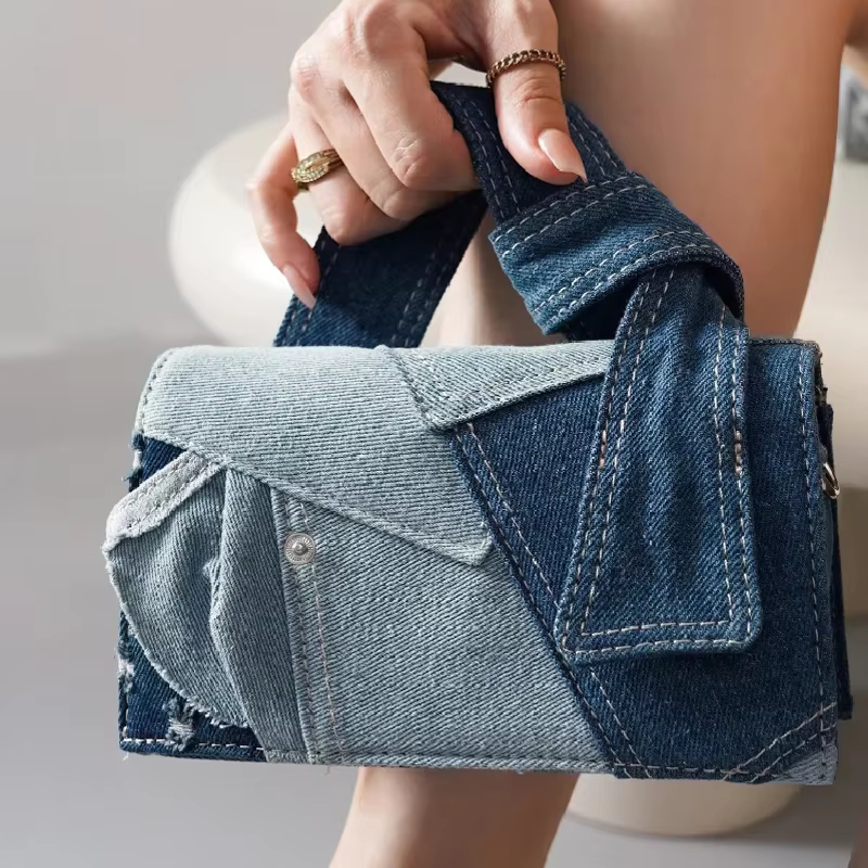Sac à bandoulière en Denim bleu de couleur contrastée pour femmes