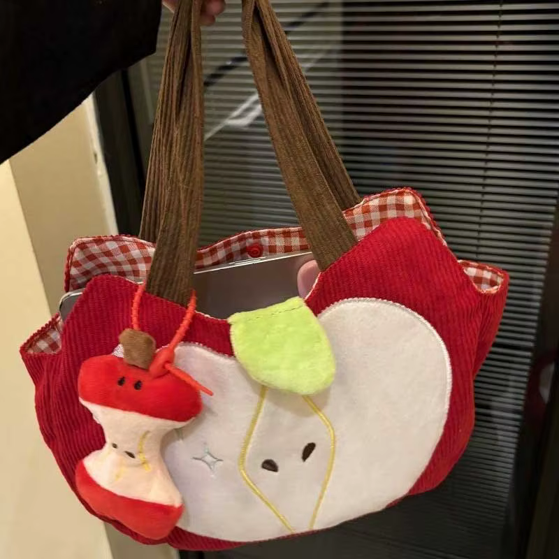 Sac à main pomme rouge créatif et mignon en velours côtelé