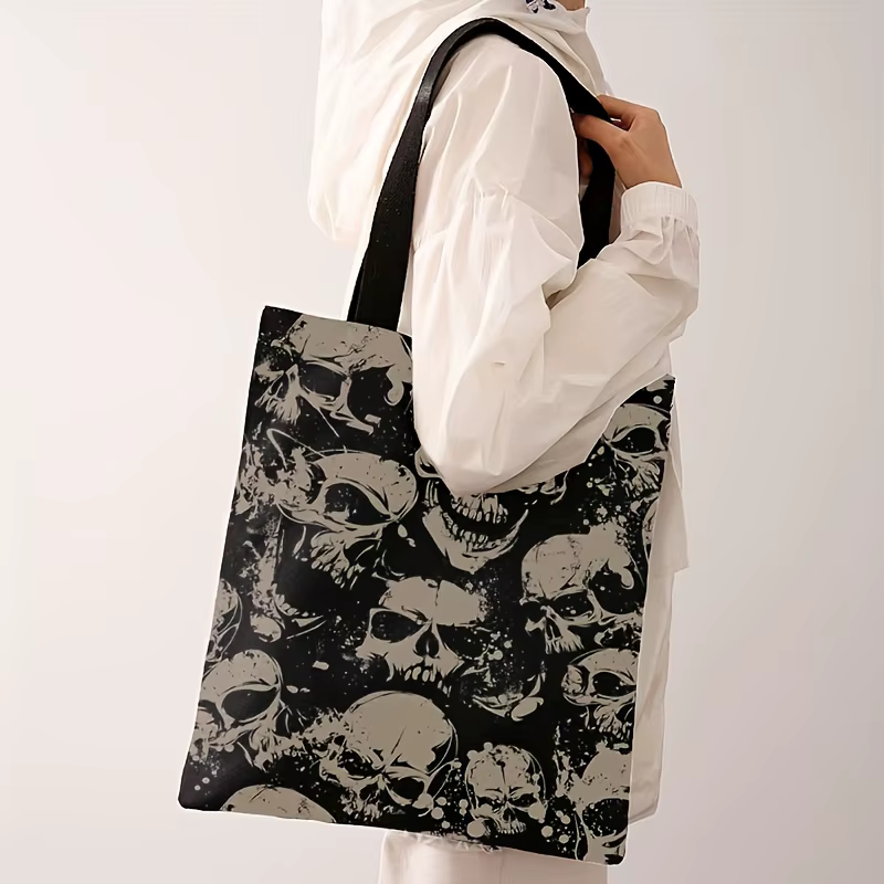 Sac fourre-tout imprimé crâne – Sac à main réutilisable en polyester durable