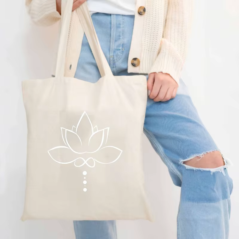 Sac fourre-tout en toile imprimé lotus naturel pour un usage quotidien et un shopping