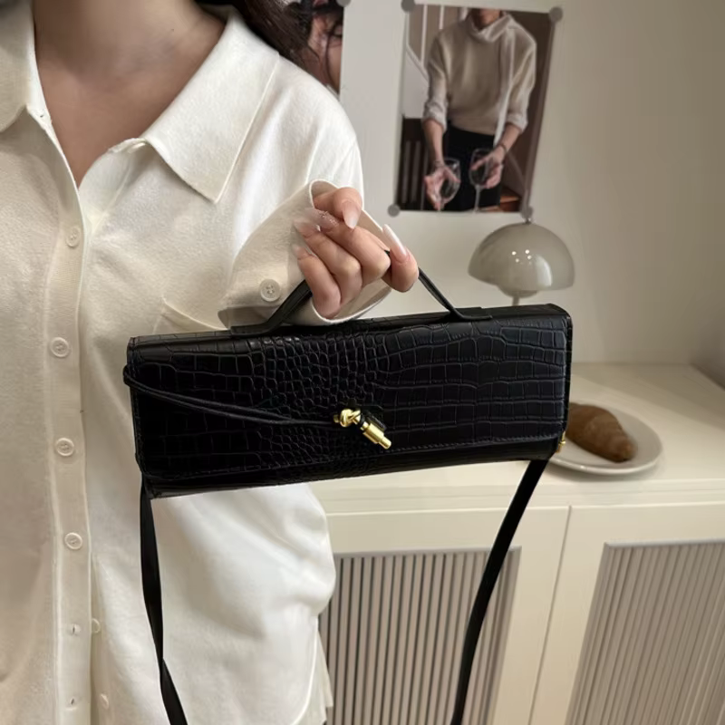 Sacs pour femmes élégants noir rétro en cuir PU motif Crocodile rabat pochette