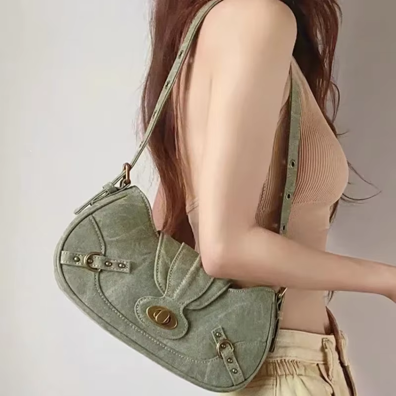 Y2k Vintage sac à bandoulière Style de rue américain Rivets vert toile sac à main gothique Punk Biker Cool Designers